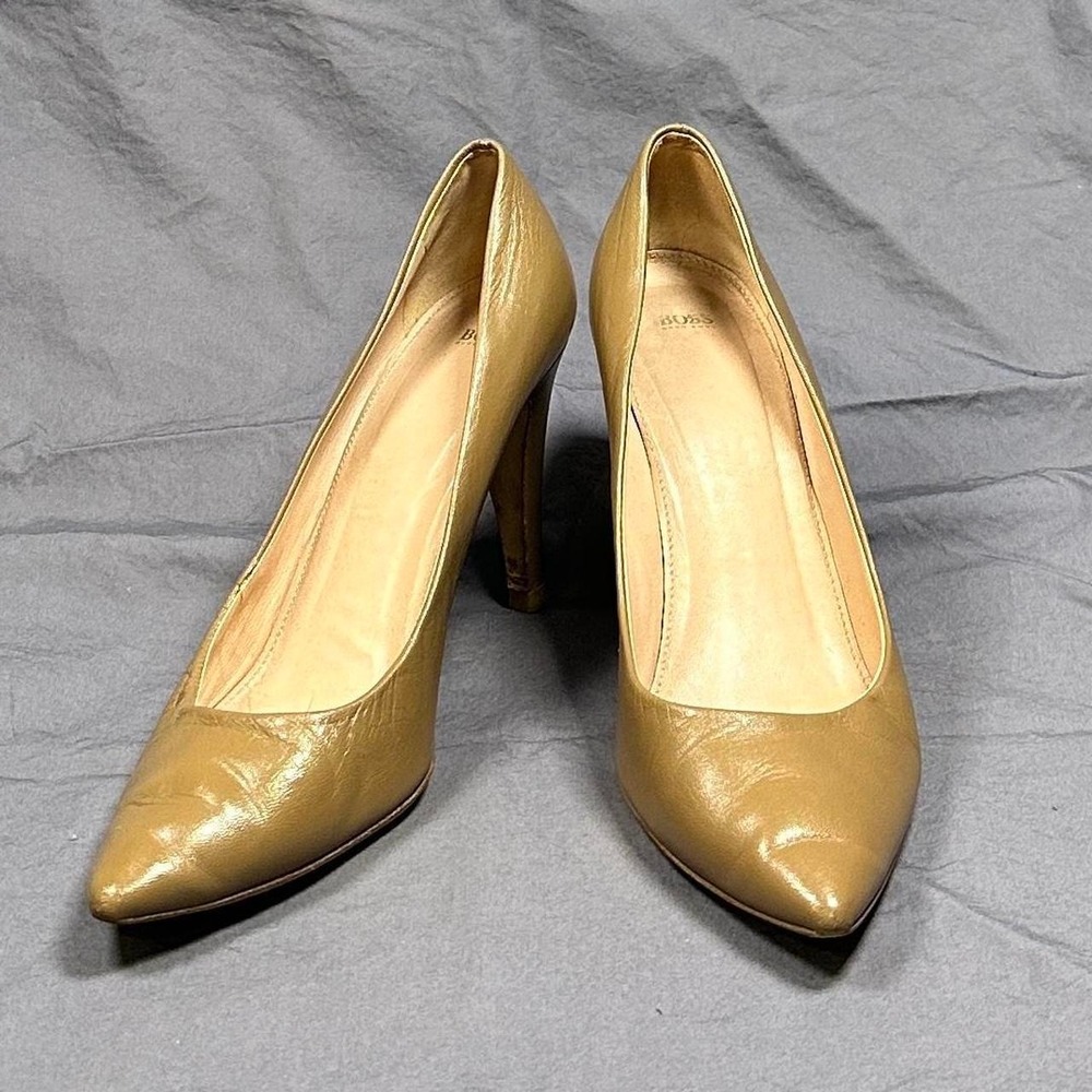Hugo Boss Leather Pointed Toe Pumps Taupe Nude Stiletto Heels EU 37.5